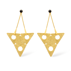 large gold triangle dangle earrings with onyx