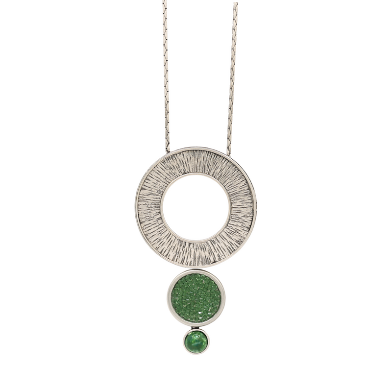 Silver long circle pendant necklace with green crystal