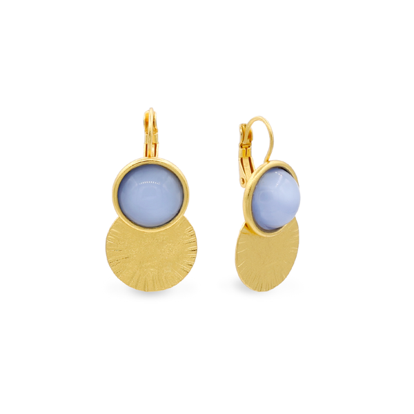 Gold hand-hammered dangle earrings with blue glass