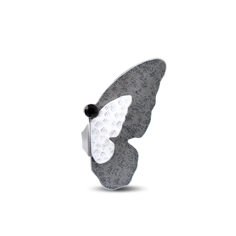 Silver butterfly ring with black onyx crystal