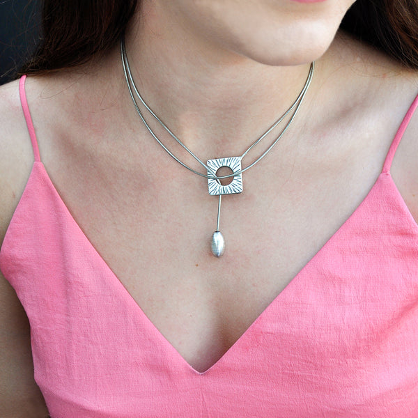 silver rhombus long chain necklace