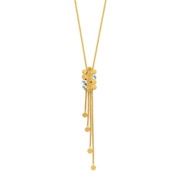 Gold lariat necklace with aurora crystals
