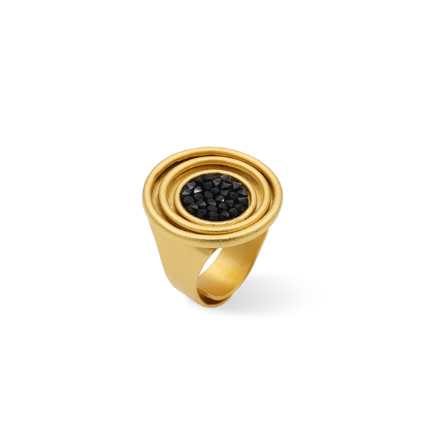 Round gold statement ring with black crystal