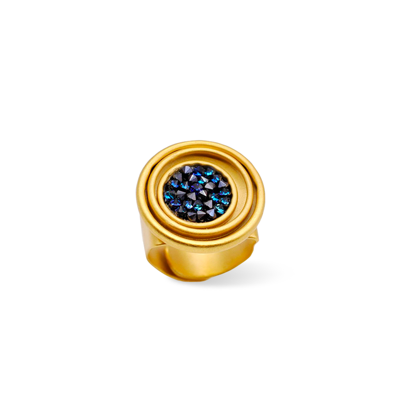 Round gold statement ring with blue shimmer crystal