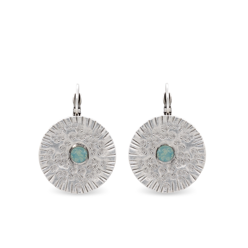 Silver disc dangle earrings with pacific opal crystal