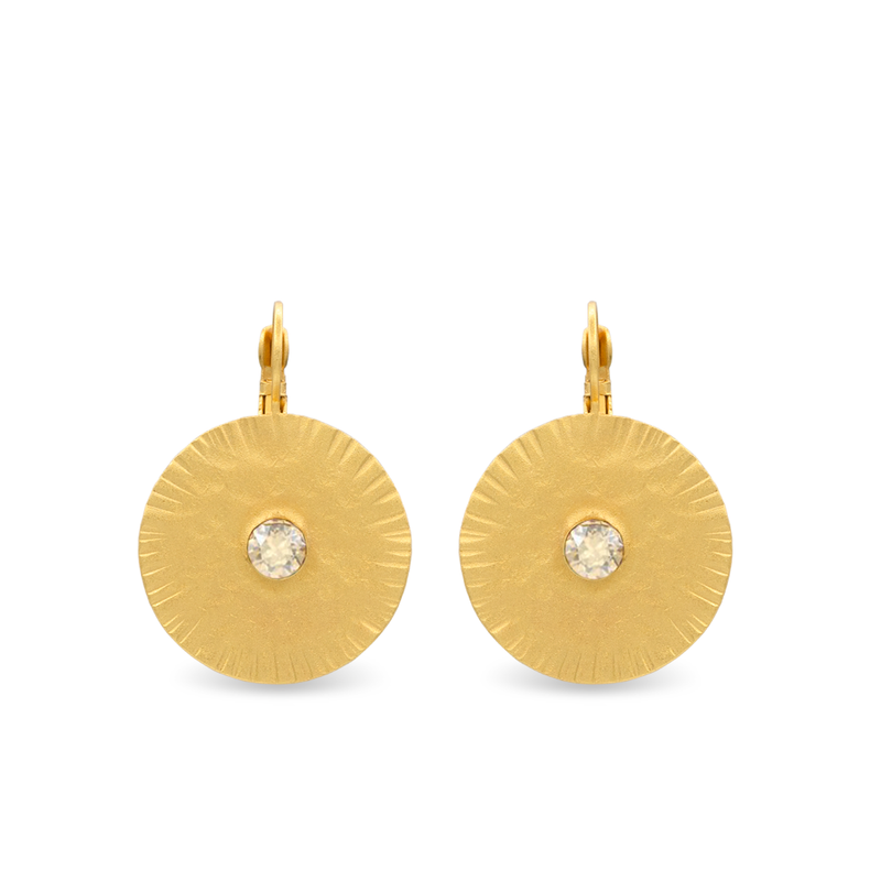 Gold disc dangle earrings with golden crystal