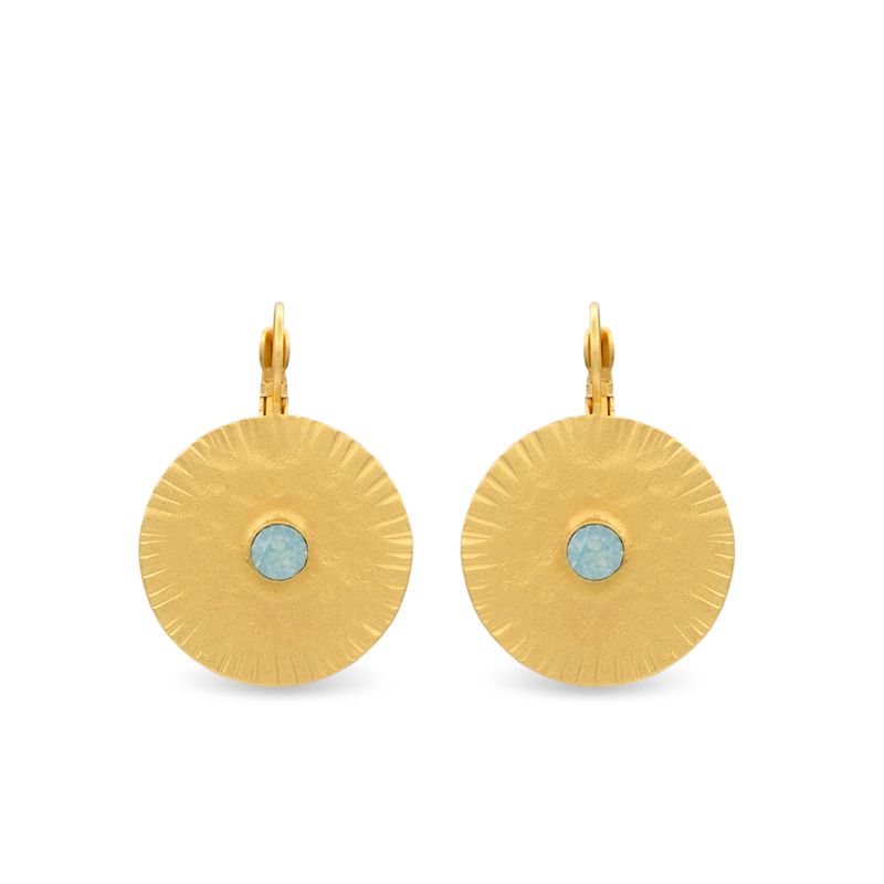 Gold disc dangle earrings with pacific opal crystal