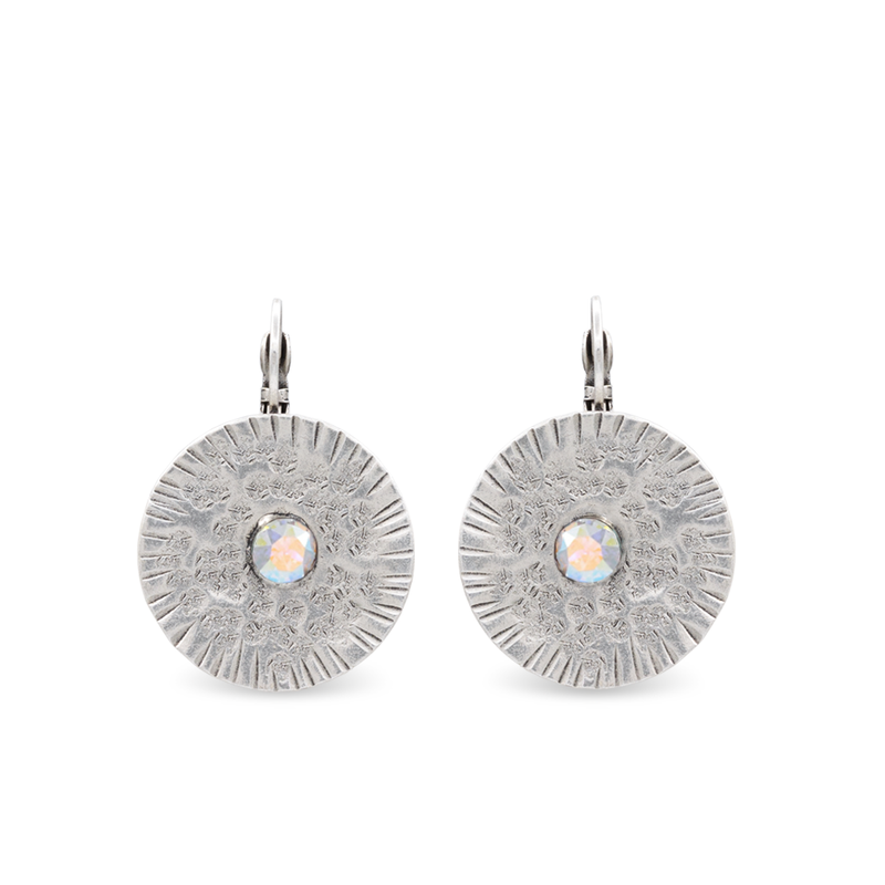 Silver disc dangle earrings with aurora crystal