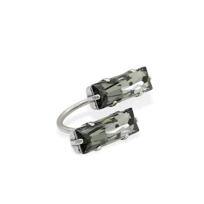 Baguette crystal open silver ring with smokey greycrystals