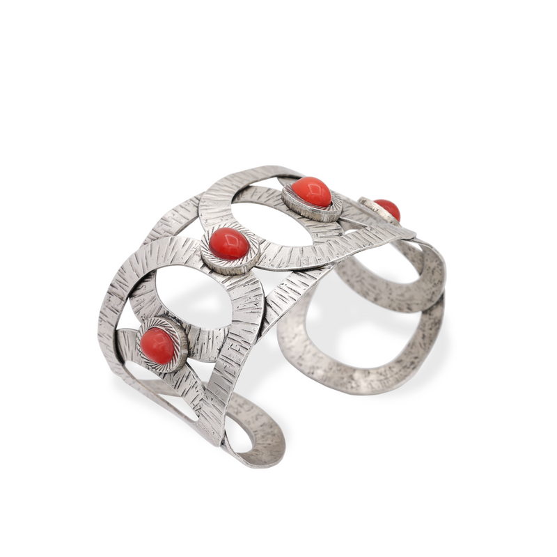 Silver geometric bold cuff bracelet with red stone