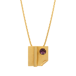 Gold chain necklace with large square pendant and crystal