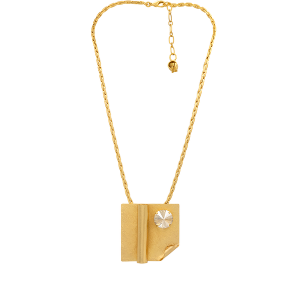 Gold chain necklace with large square pendant and crystal