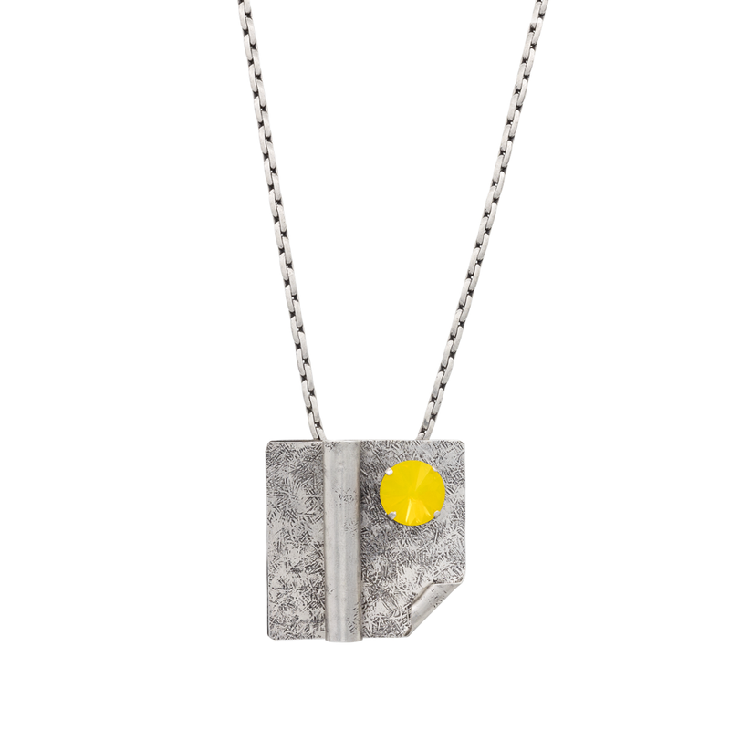 Silver chain necklace with large square pendant and crystal