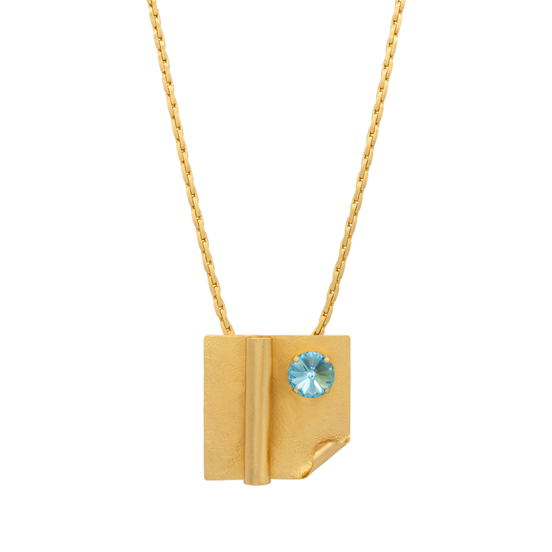 Gold chain necklace with large square pendant and crystal