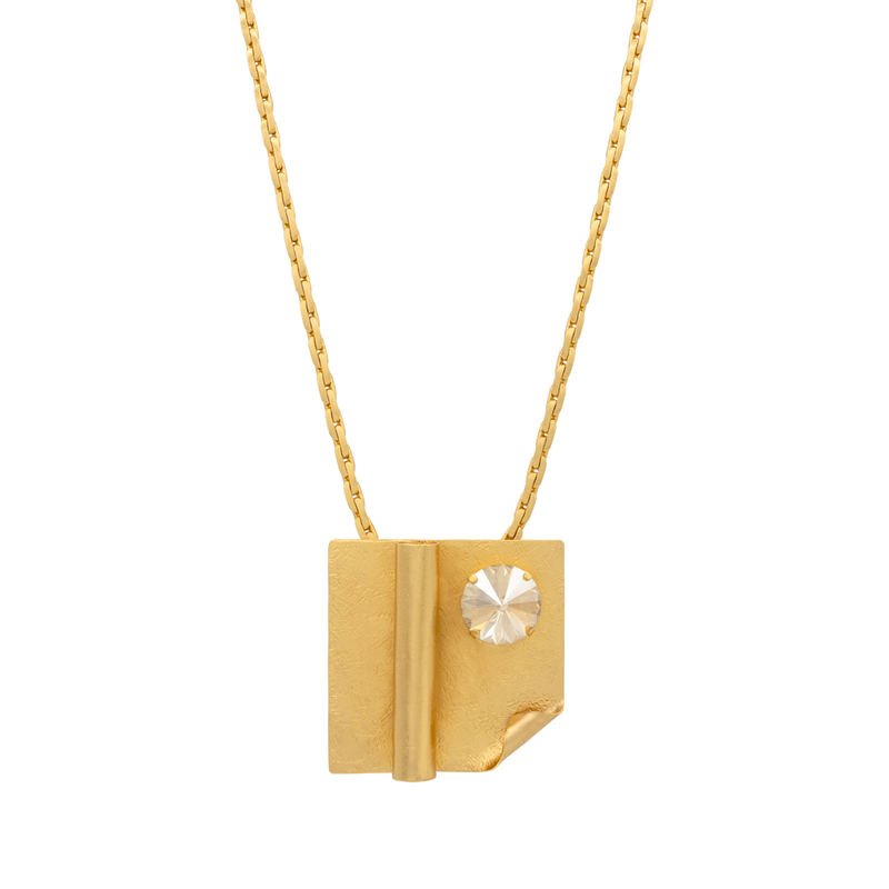 Gold chain necklace with large square pendant and crystal