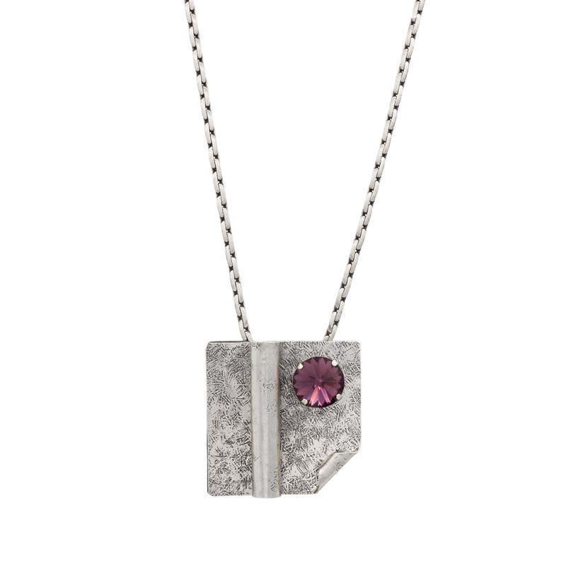 Silver chain necklace with large square pendant and crystal