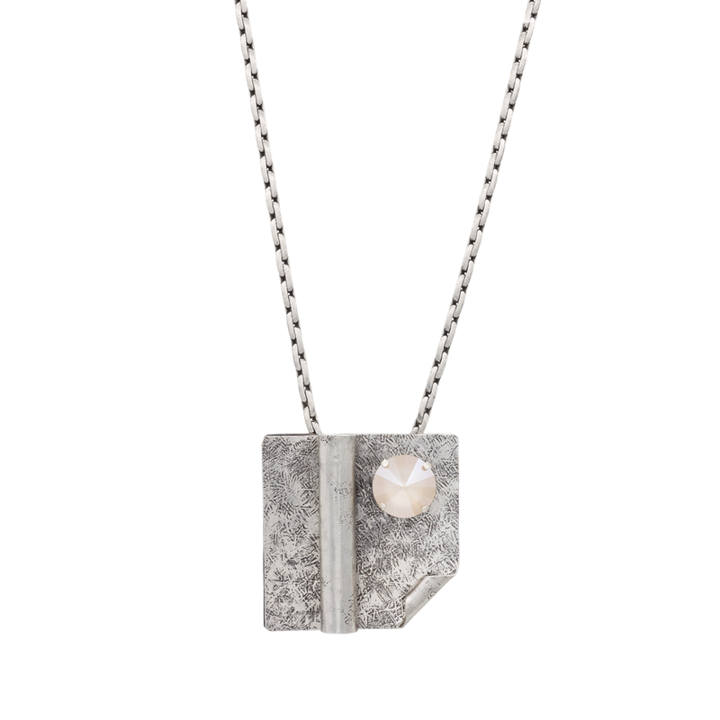 Silver chain necklace with large square pendant and crystal