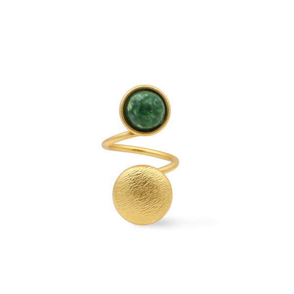 Button style gold open ring with green stone