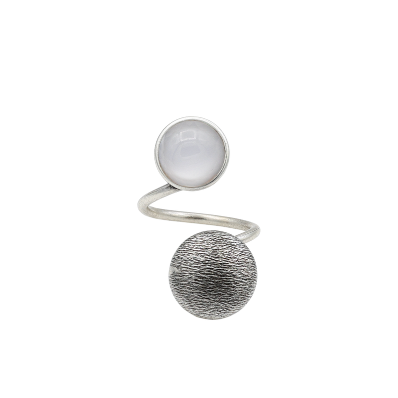 Silver button ring with white stone