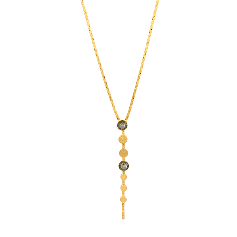 gold y necklace with smokey grey crystals