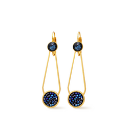 gold crystal rock dangle drop earrings with blue shimmer