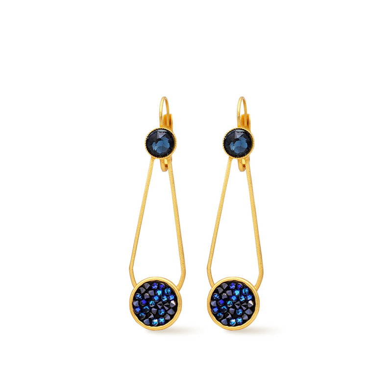 gold crystal rock dangle drop earrings with blue shimmer