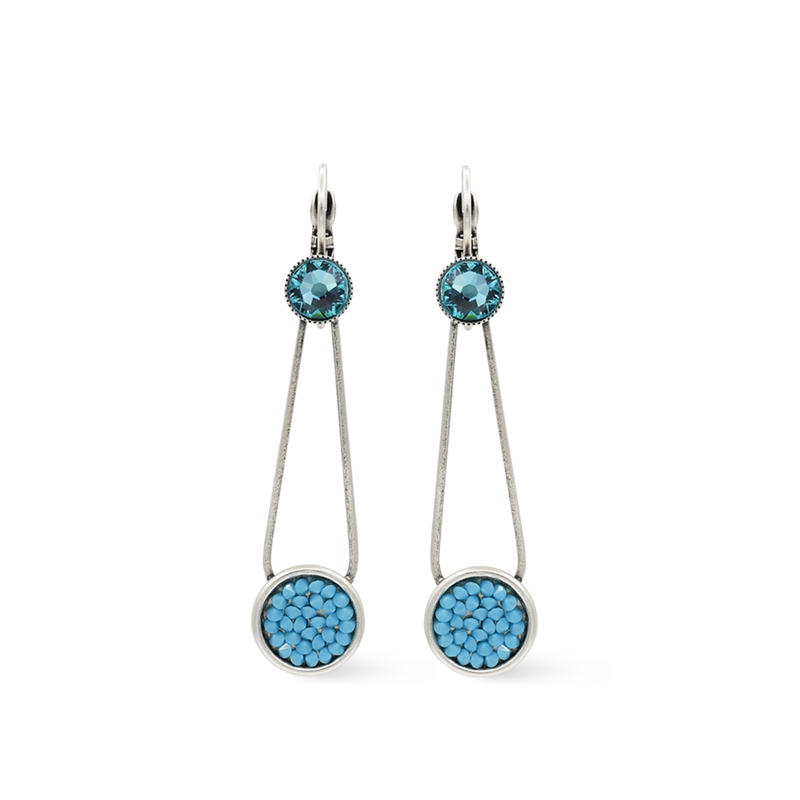 silver dangle drop long earrings with aqua and blue crystals