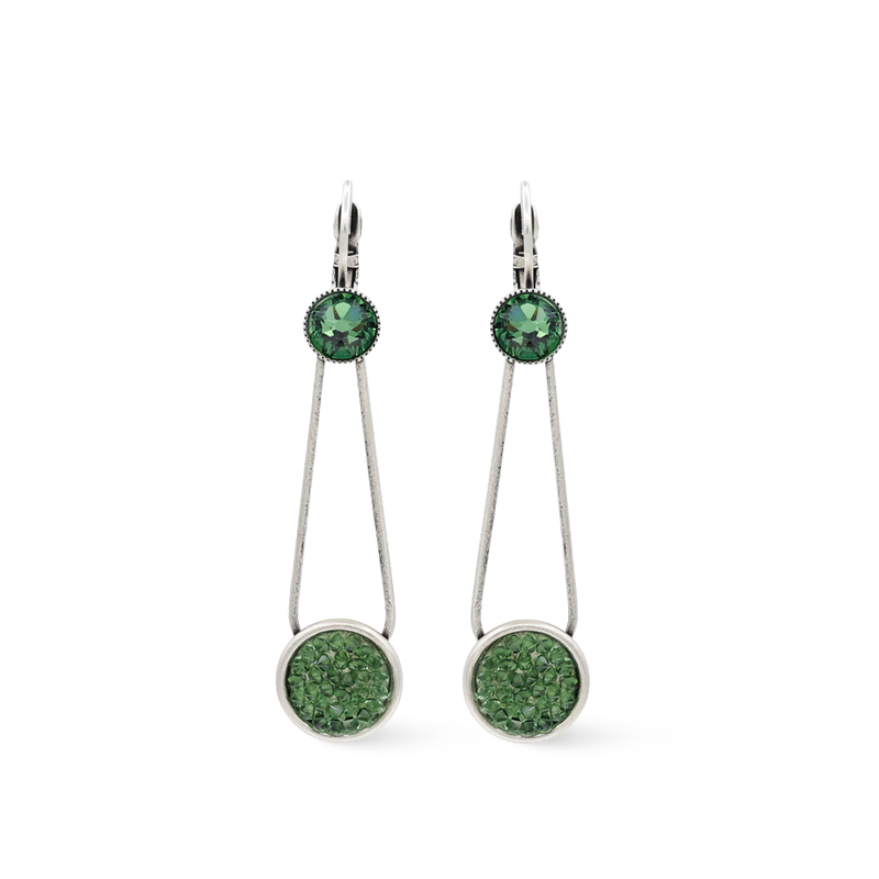 silver dangle drop long earrings with green crystals