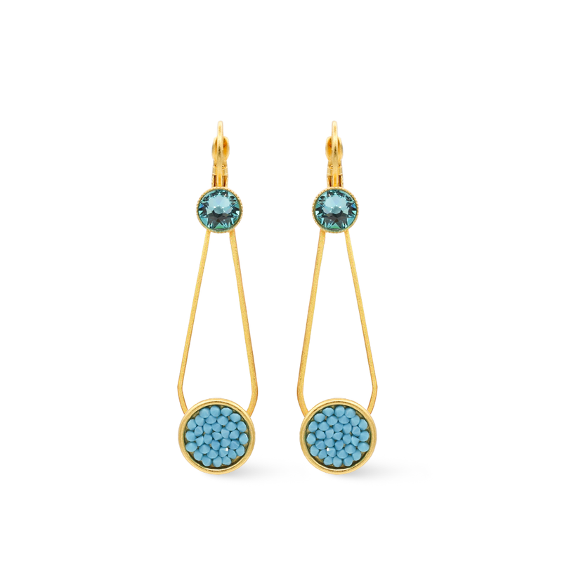gold crystal rock dangle drop earrings with aqua and pacific opalshimmer