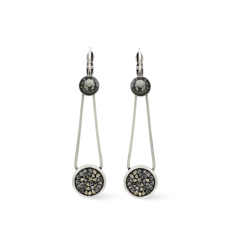 silver dangle drop long earrings with grey shimmer crystals