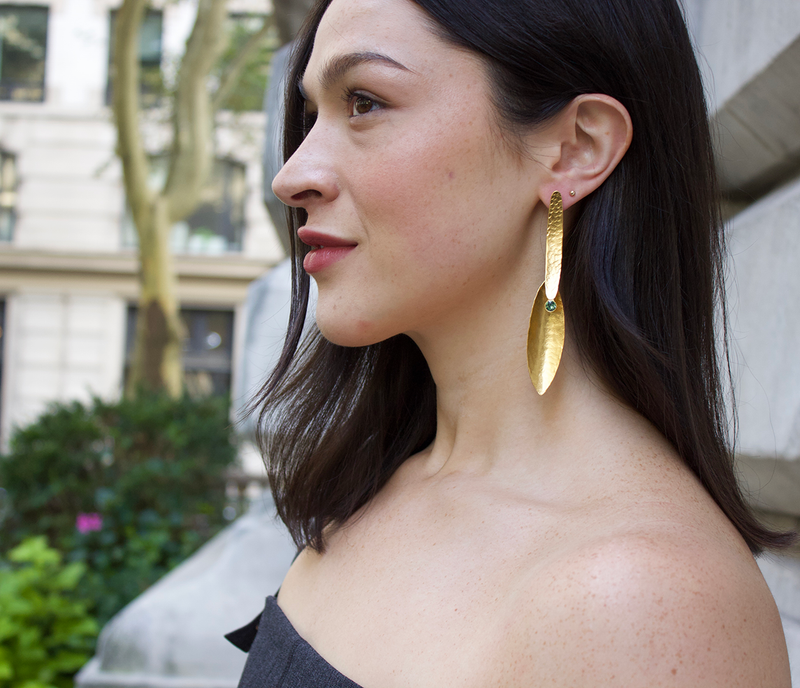 Gold long dangle earrings with erinite green crystals