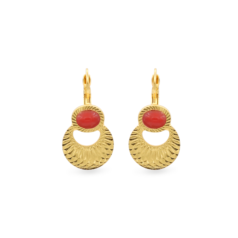 gold moon earrings with red stone