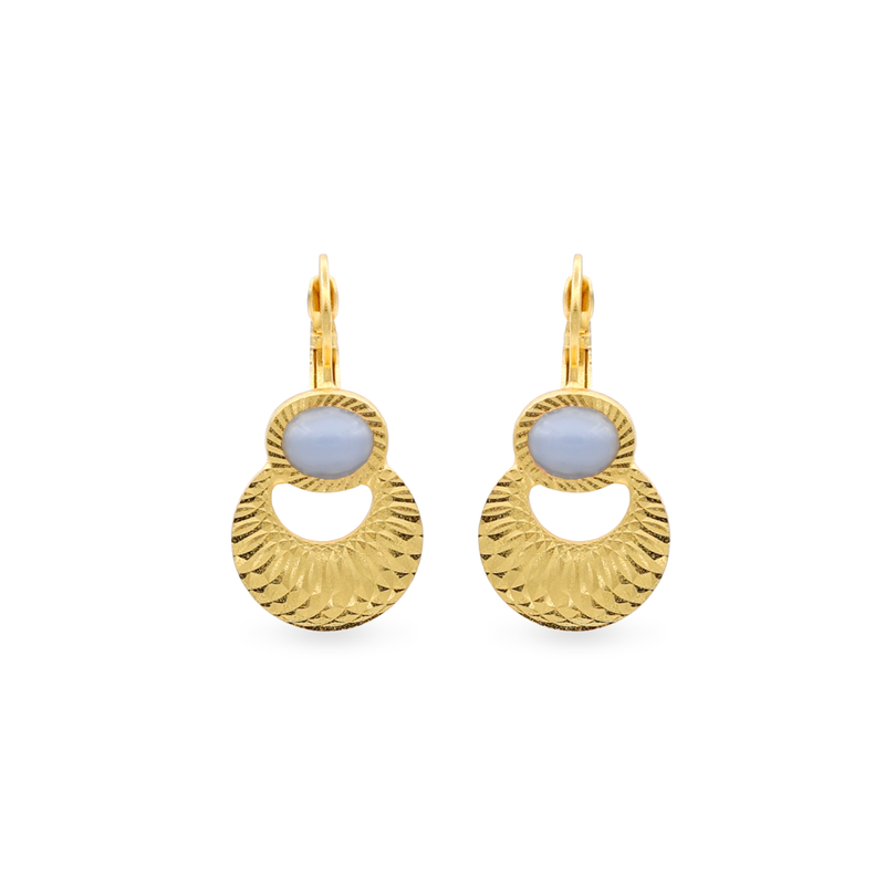 gold moon earrings with blue stone