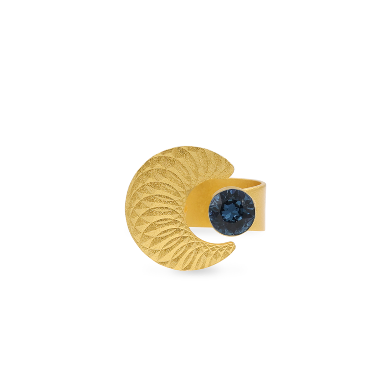 Erato gold moon ring with montana blue crystal