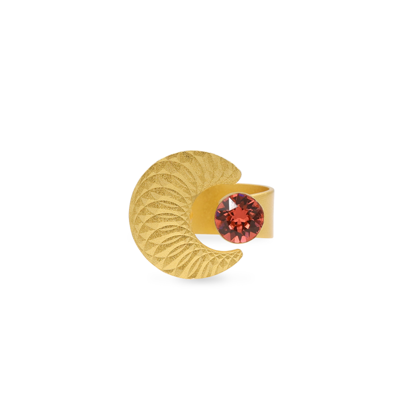 Erato gold moon ring with coral crystal