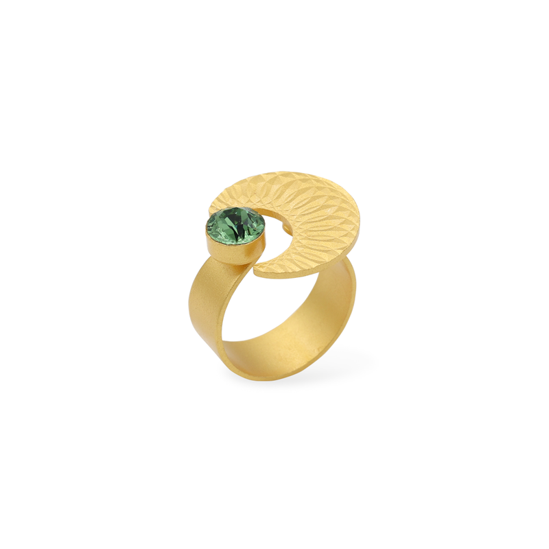 Erato gold moon ring with green crystal