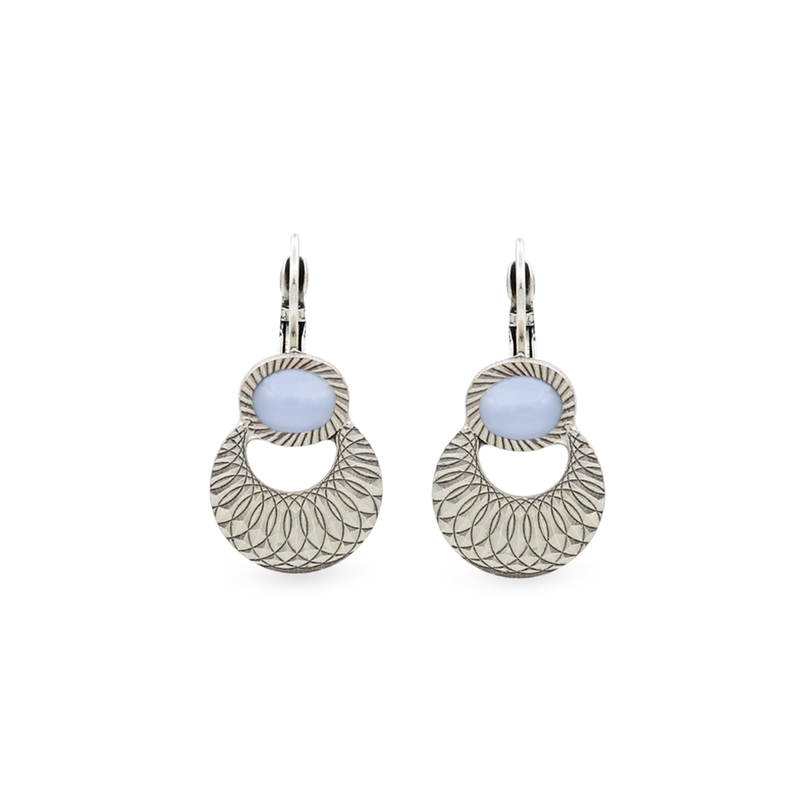 silver moon earrings with blue stone