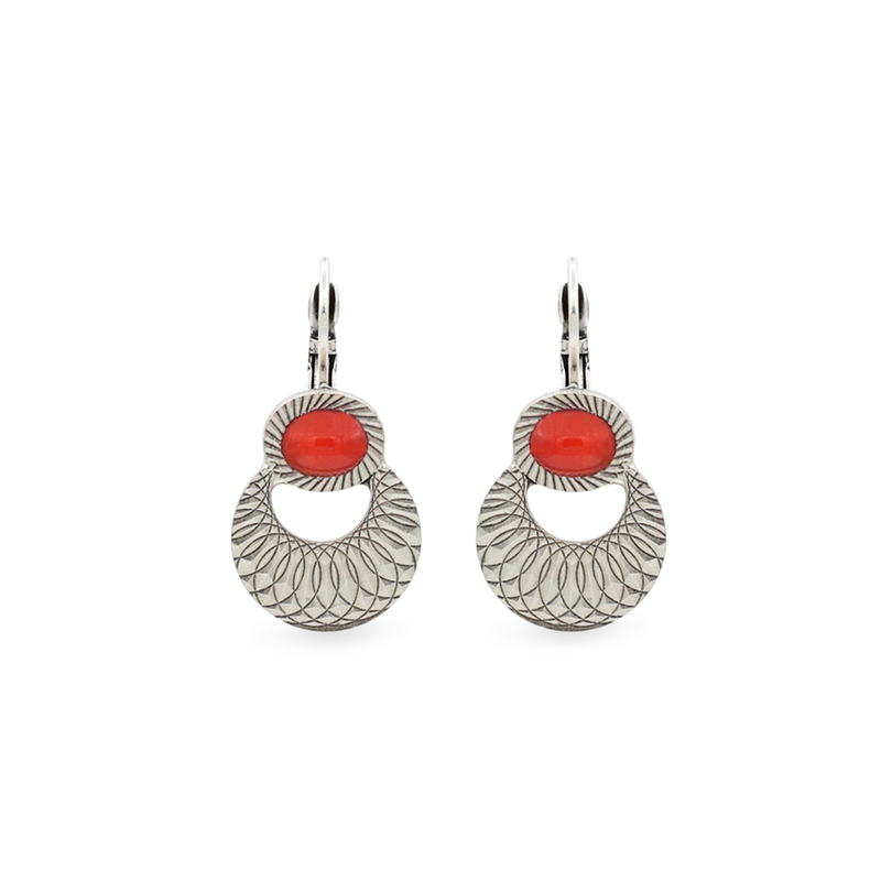 silver moon earrings with red stone