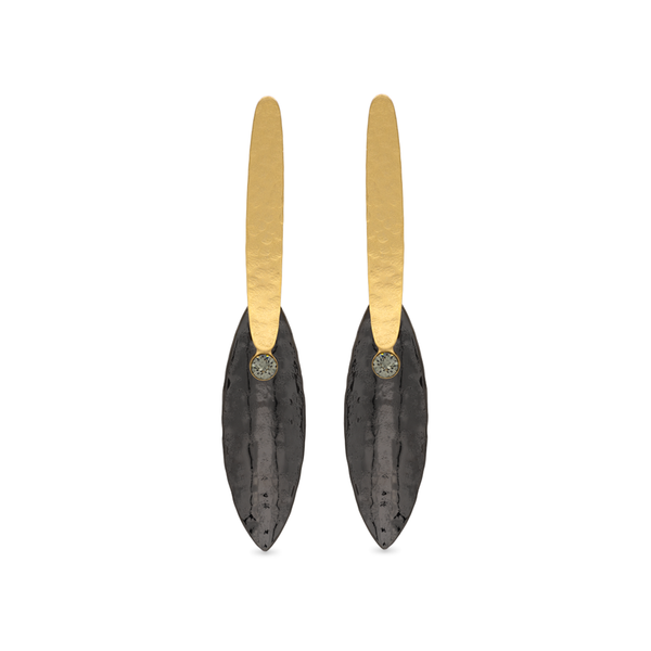 
Gold-black long dangle earrings with smokey grey crystals
