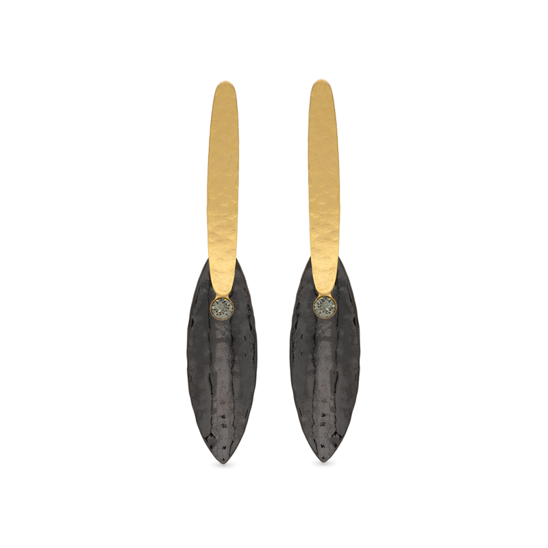 
Gold-black long dangle earrings with smokey grey crystals
