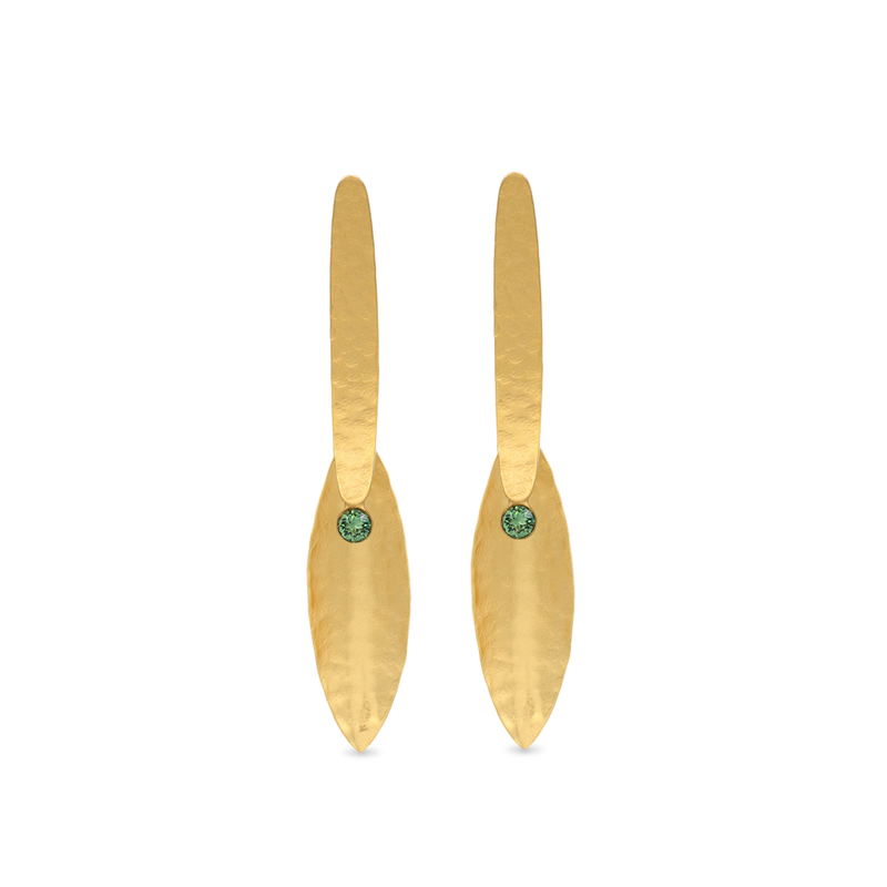 Gold long dangle earrings with erinite green crystals