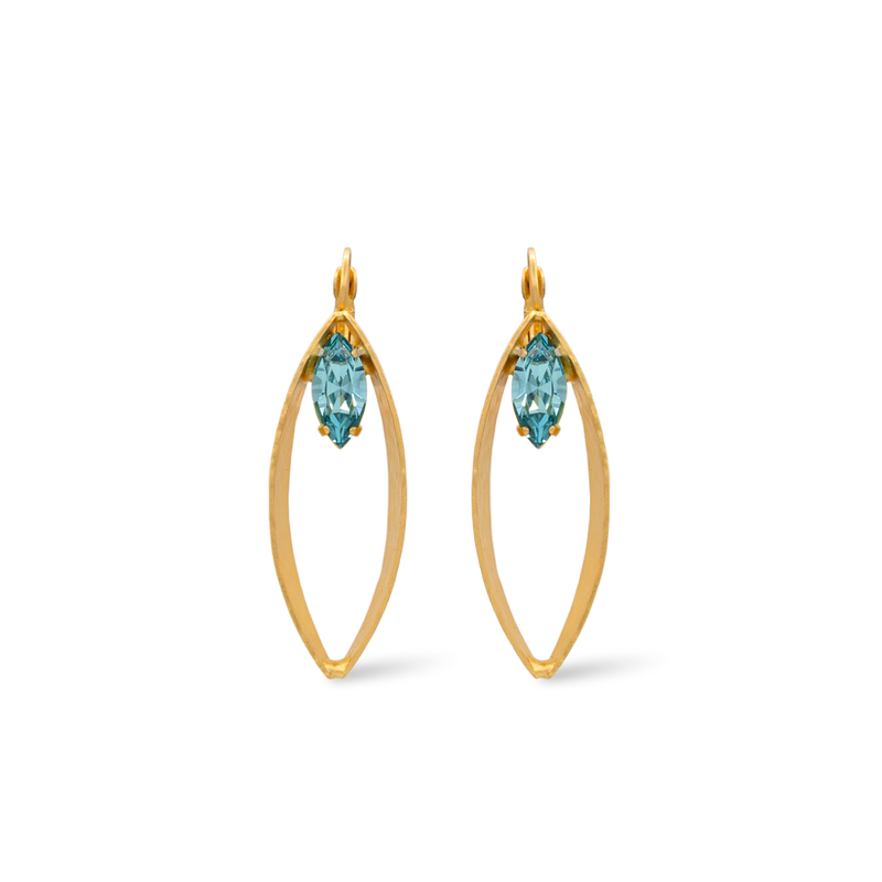 Gold eye post dangle earrings with aqua crystal