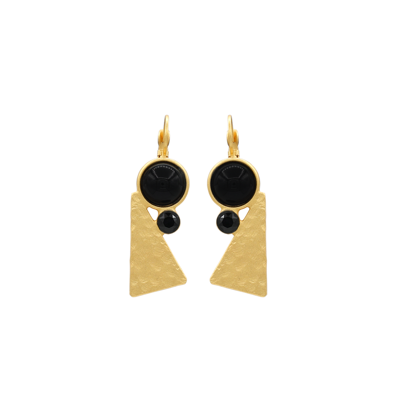 Gold triangle earrings with black onyx