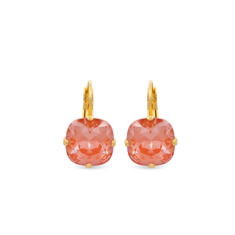 Gold square coral color crystal earrings 