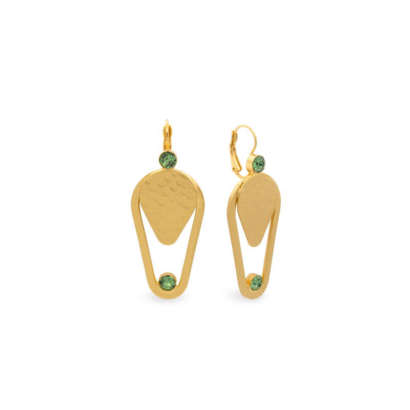 Gold triangle dangle earrings with green crystal