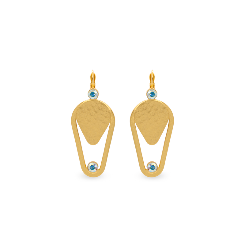 Gold triangle dangle earrings with aurora crystal