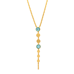 gold y necklace with aqua crystals