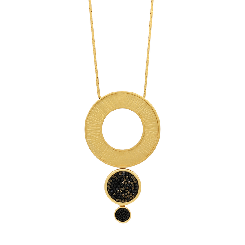 Gold long circle pendant necklace with black crystal