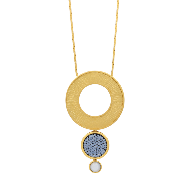 Gold long circle pendant necklace with blue crystal
