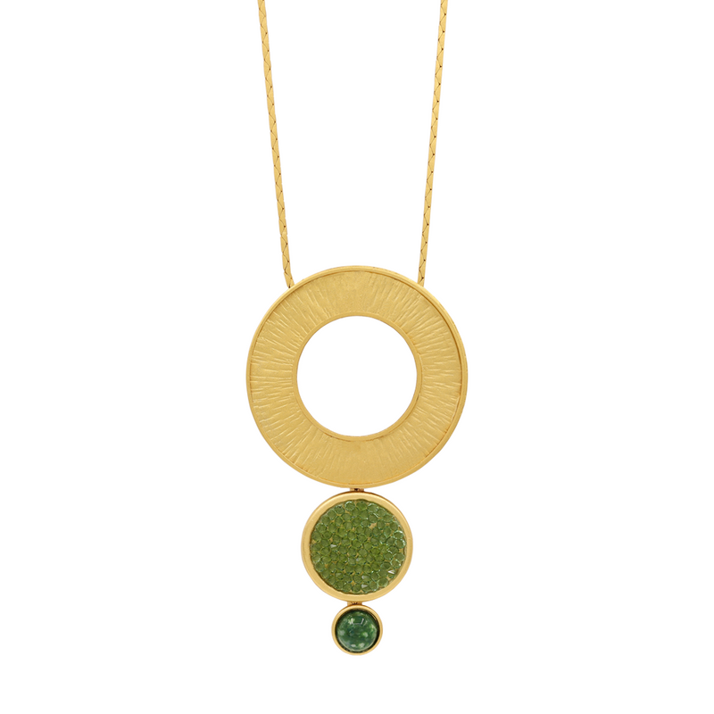 Gold long circle pendant necklace with green crystal